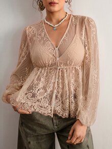 Freevana 大尺碼 1 件裝花卉蕾絲透視燈籠袖上衣 - 卡其色 - 查看 16