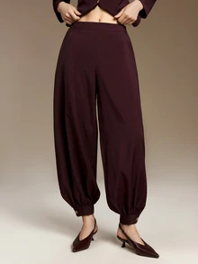 Ontre Solid Button Front Ruched Waist Blazer Tapered Pants Suit Set Office Dinner Corporate Burgundy Fall Elegant - Purple - View 7