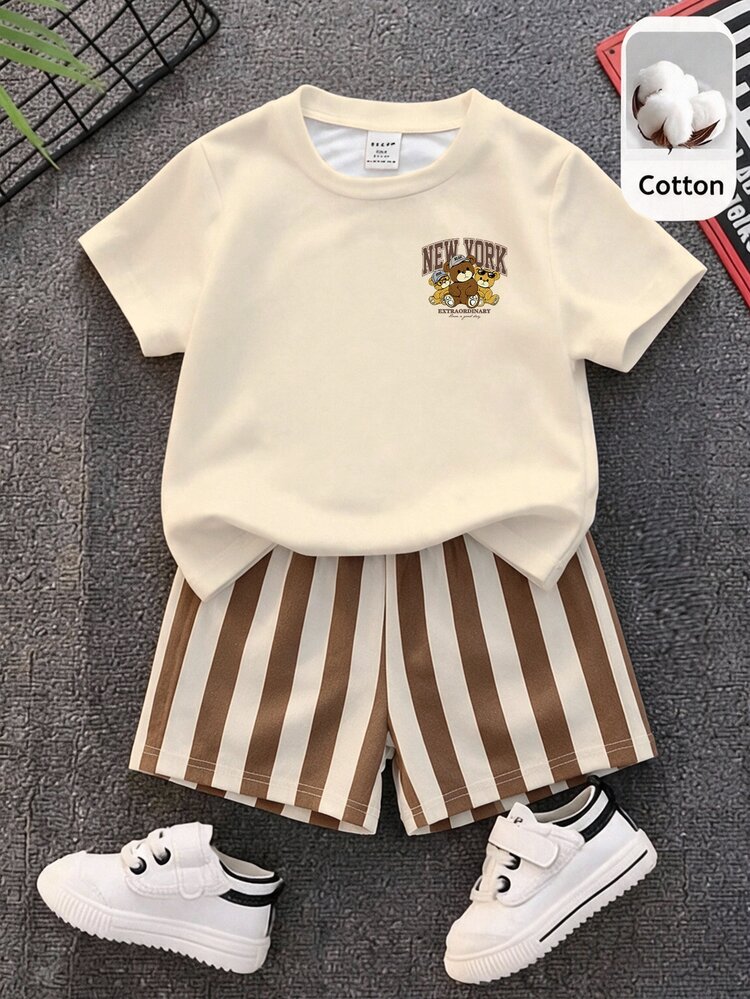 Baby Boy Letter & Cartoon Teddy Bear Print Drop Shoulder Tee & Striped Print Shorts Set - Multicolor - View 5