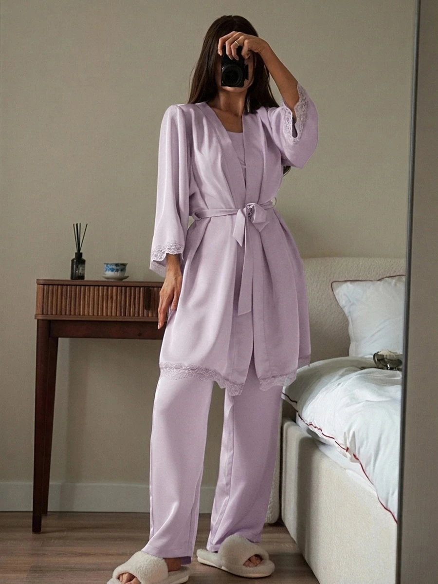 DAZY Contrast Lace Belted PJ Set - Mauve Purple - View 1