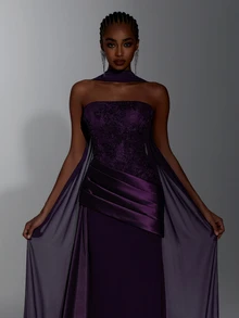 Elitara Floral Jacquard Mesh Panel Formal Dress With Cape - Purple - View 5