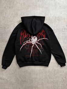 SHEIN EZwear 蜘蛛字母圖案落肩寬鬆拉鍊抽繩連帽衛衣，萬聖節穿搭百搭女裝 - 黑色 - 查看 6