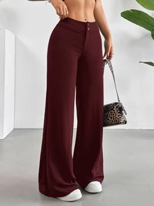 SHEIN Tall CURVE 大尺碼純色寬腿長褲 - 酒紅色 - 查看 6