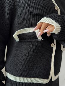 Elenzga Contrast Trim Button Front Cardigan & Knit Pants - Multicolor - View 5