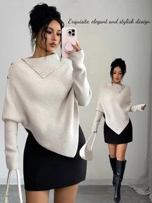 Elenzga 1pc Button Detail Batwing Sleeve Sweater - Apricot - View 1