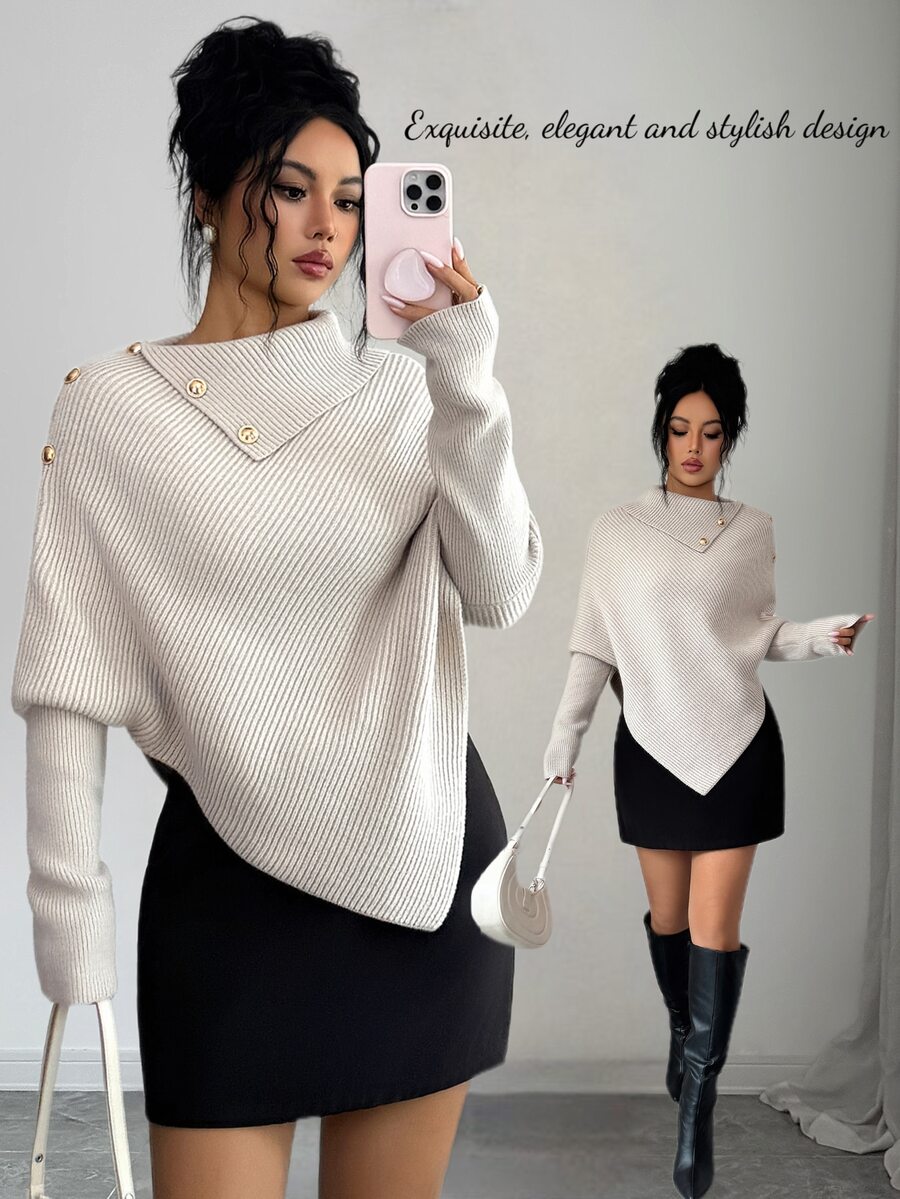 Elenzga 1pc Button Detail Batwing Sleeve Sweater - Apricot - View 1
