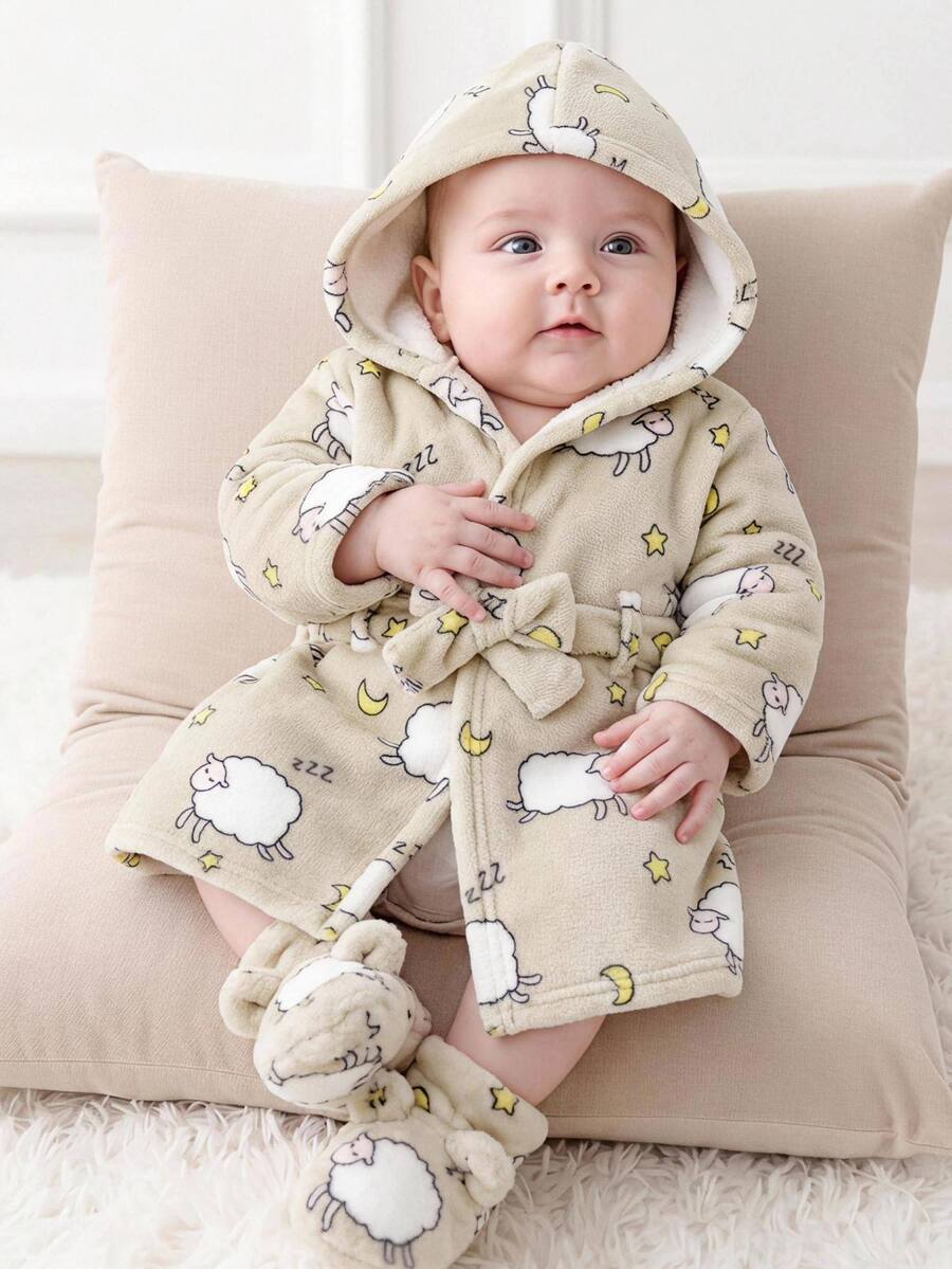 Cozy Pixies Baby Boy Cartoon Graphic Hooded Belted Fuzzy Robe - Multicolor - View 1