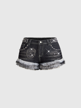ROMWE Avant Short en jean avec motif crâne, détails cloutés et ourlet en fausses perles