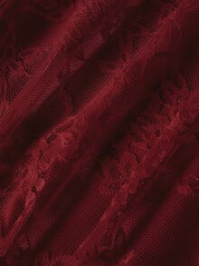 SHEIN MOD 不對稱領口喇叭袖透視蕾絲短版 2 合 1 上衣 - 酒紅色 - 查看 7