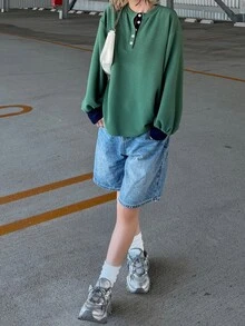 FRIFUL Contrast Trim Half Button Drop Shoulder Tee School College Green And Blue Summer Casual Preppy - Grey - View 3