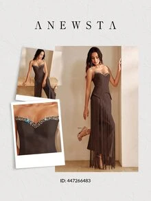 Anewsta 女款 A 字咖啡棕色亮面長洋裝，適合晚宴約會/派對/活動，浪漫優雅 - 咖啡棕 - 查看 7