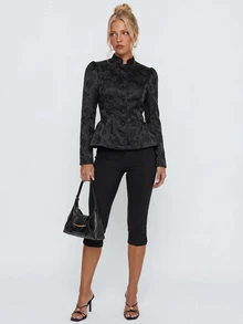 Avantive Floral Jacquard Peplum Hem Satin Jacket - Black - View 5