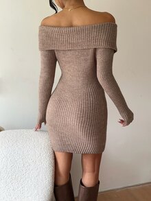 Autumina Foldover Off Shoulder Button Front Bodycon Sweater Dress - Khaki - View 2
