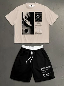 StoneGrade Men Slogan Graphic Tee & Drawstring Waist Shorts - Khaki - View 1