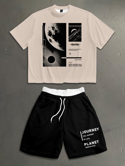 StoneGrade Men Slogan Graphic Tee & Drawstring Waist Shorts