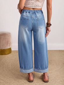 SHEIN PETITE 高腰寬腿牛仔褲 - 藍色 - 查看 2