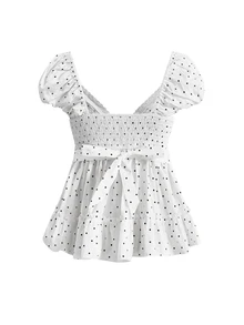 Sweetness Polka Dot Print Knot Front Peplum Blouse - Apricot - View 2