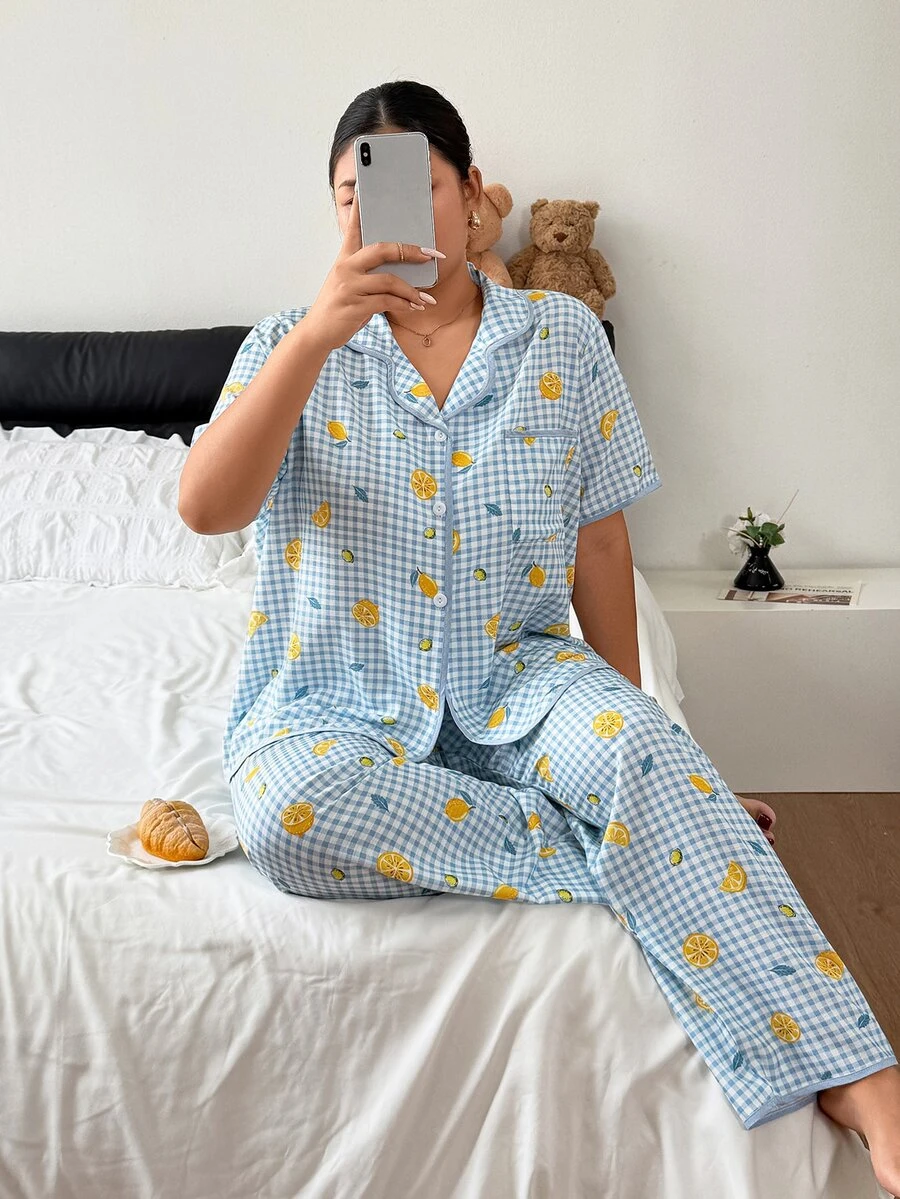 Napfluff CURVE Napfluff CURVE Plus Gingham & Lemon Print PJ Set - Blue - View 1