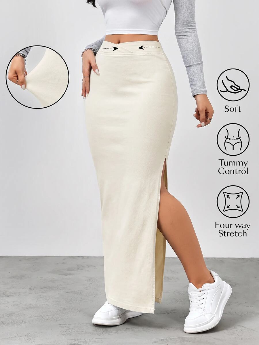 Flexra Rok Denim Belahan Paha Tinggi dengan Pinggang Tinggi - Krem - View 1