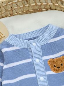 SHEIN Vintaside Kids Baju Terusan Rajut Bayi Laki-laki Motif Garis-garis Beruang dengan Kancing Depan dan Tempelan Gambar Beruang - Biru - View 6