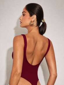 Silquee Solid Round Neck Tank Bodysuit - Red - View 2