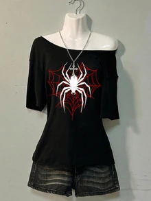 Teen Girl  Casual Vintage Street Style Spider Print Ruched Waist Square Neck Fitted Short Sleeve T-Shirt, Suitable For Spring/Summer Versatile Style - Multicolor - View 1