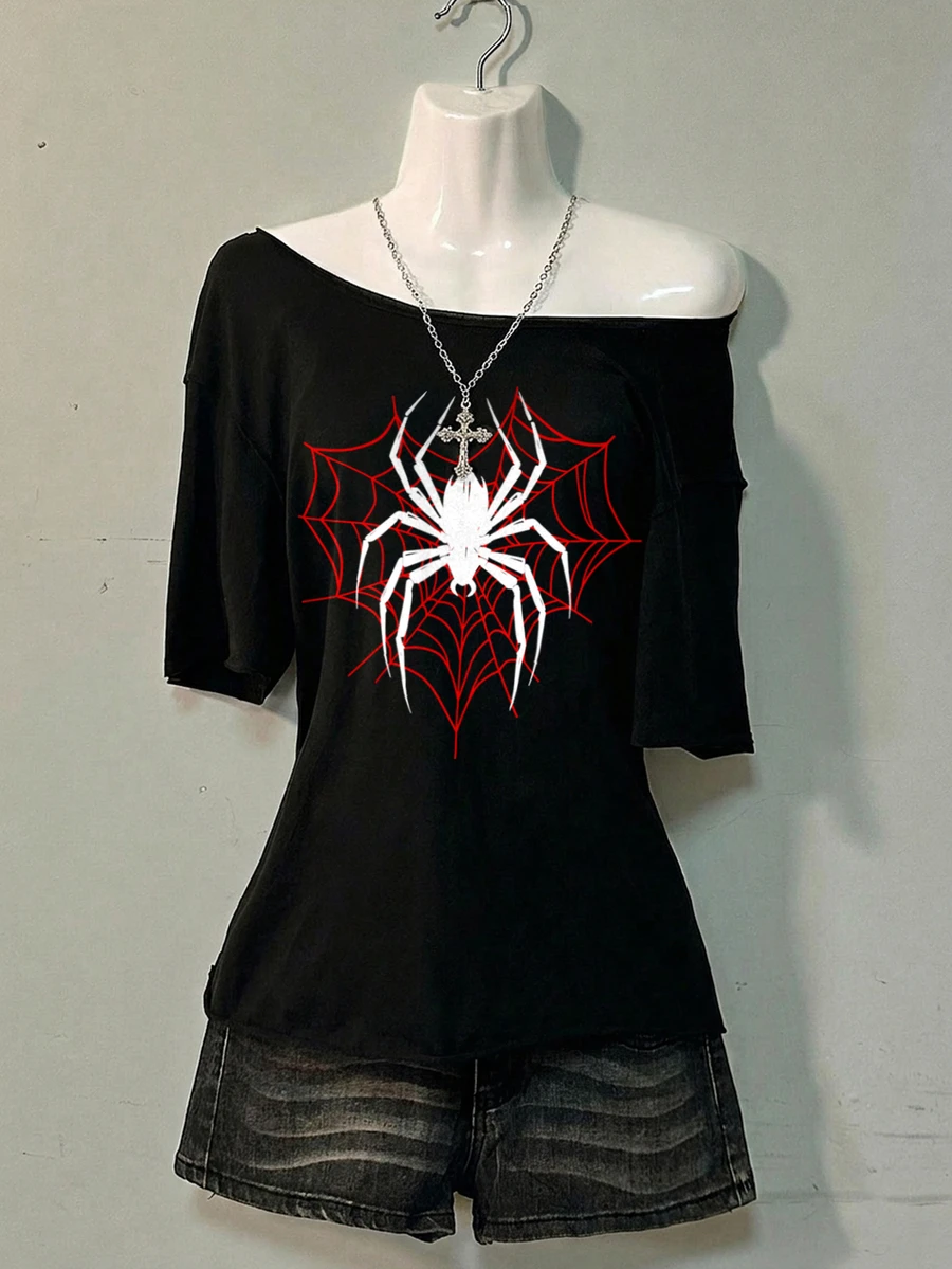 Teen Girl Casual Vintage Street Style Spider Print Ruched Waist Square Neck Fitted Short Sleeve T-Shirt, Suitable For Spring/Summer Versatile Style - Multicolor - View 1