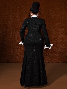 Maweii Plus Contrast Collar Split Thigh Sequin Dress - Black - View 6