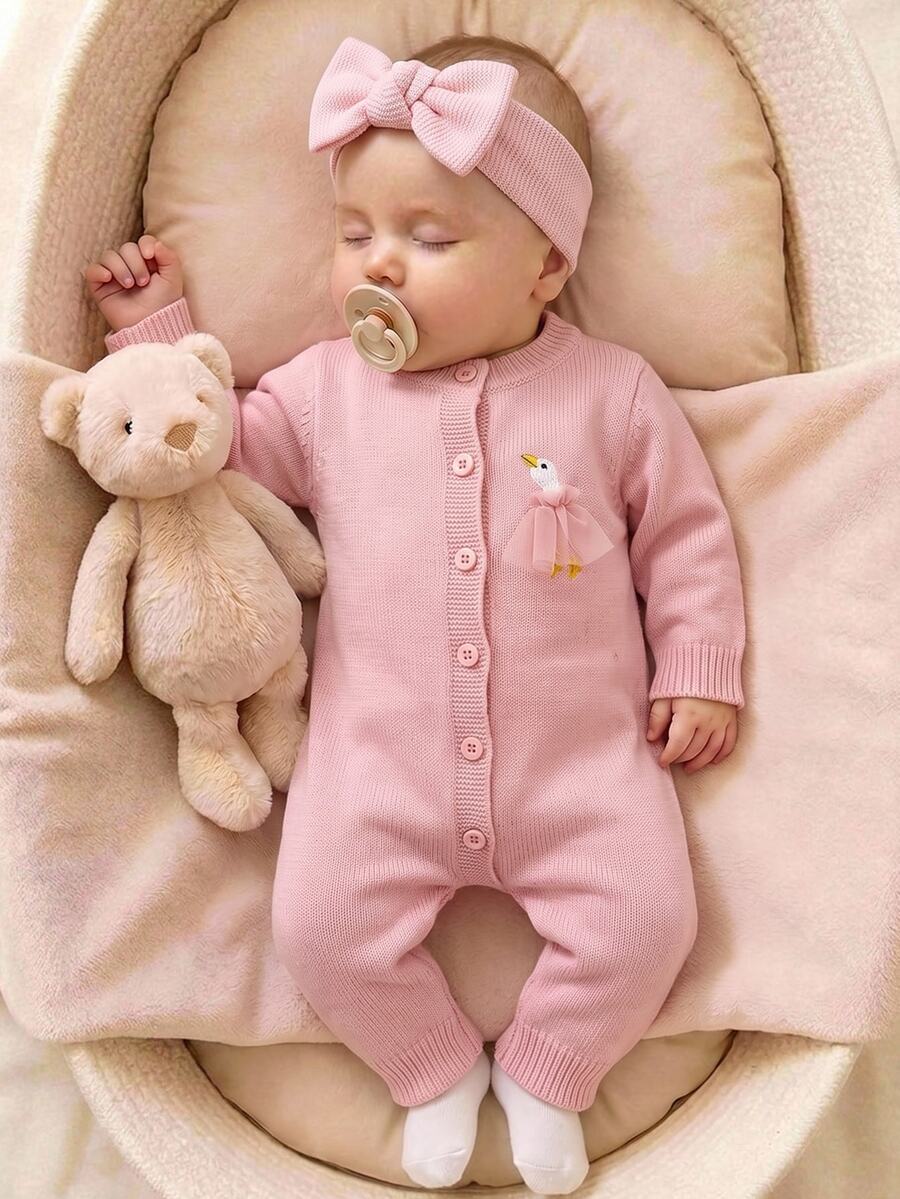 SHEIN Newborn Baby Sweater Onesies - Pink - View 1