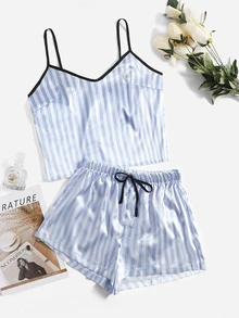 SHEIN Striped Print Contrast Binding Satin Cami Top & Shorts PJ Set - Blue and White - View 1