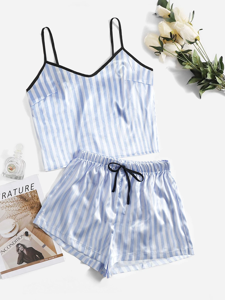 SHEIN Striped Print Contrast Binding Satin Cami Top & Shorts PJ Set - Blue and White - View 1