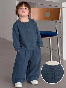 DAZY Baju dan Celana Bayi Laki-laki Kancing Depan Bahu Longgar Berbahan Quilted untuk Balita Musim Gugur - Navy Blue - View 1