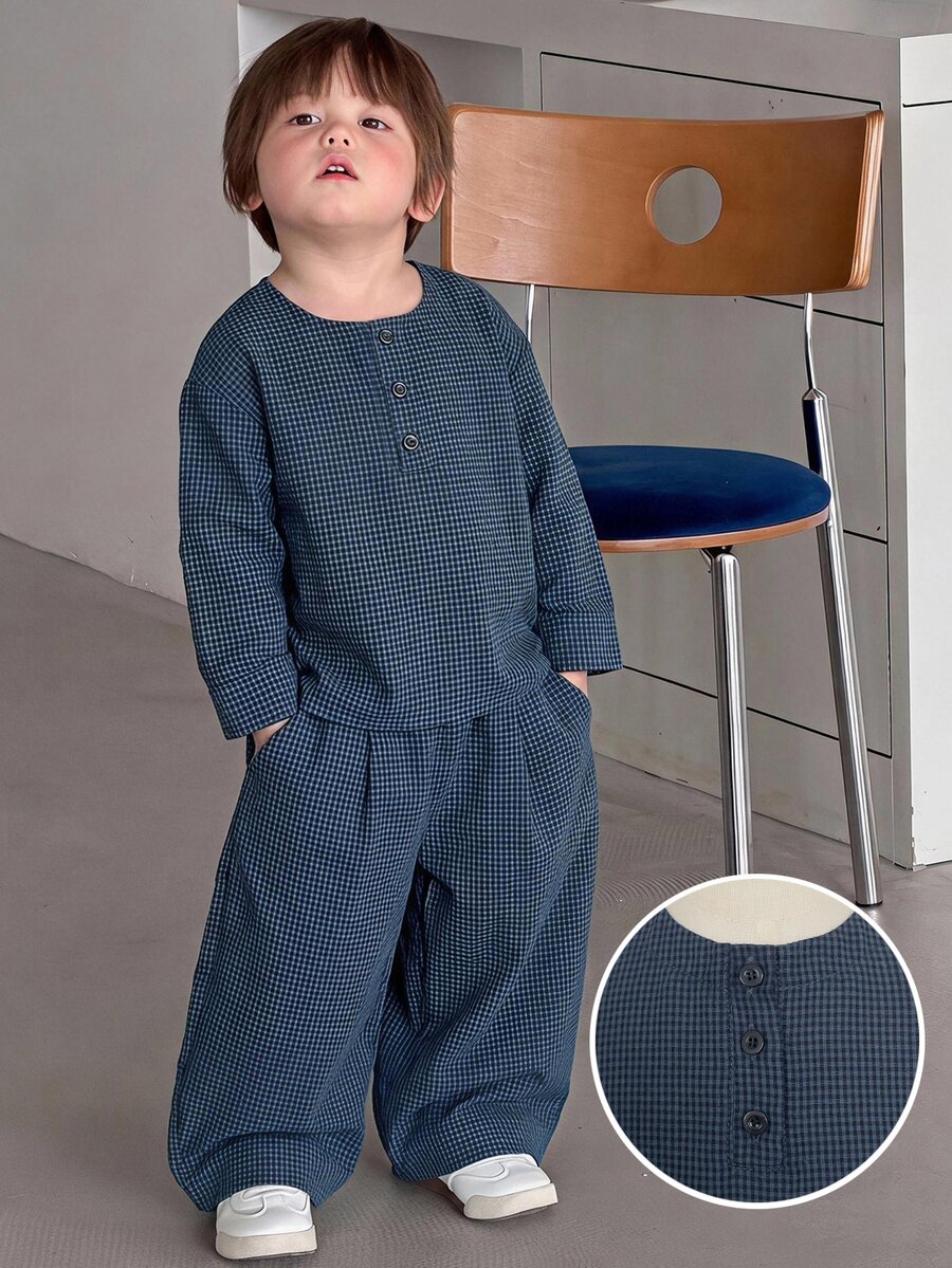 DAZY Baju dan Celana Bayi Laki-laki Kancing Depan Bahu Longgar Berbahan Quilted untuk Balita Musim Gugur - Navy Blue - View 1