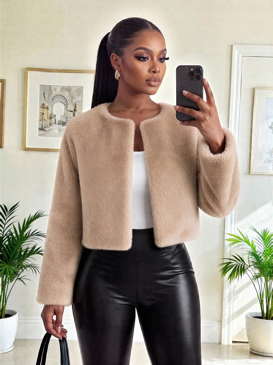 SHEIN Lady CURVE Plus Size Faux Fur Coats - Khaki - View 1