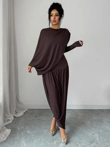 Elenzga 1 pieza Vestido con detalle fruncido sólido - Marrón - Ver 3