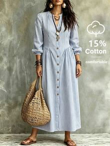 Linhara CURVE Plus Striped Print Button Front Shirt Dress Fall - Blue - View 3