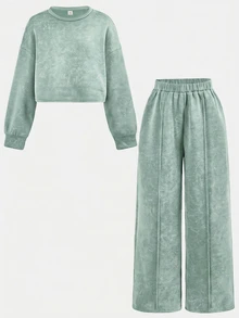 SHEIN 青少年女孩連帽衫與運動衫套裝 - 綠色 - 查看 6