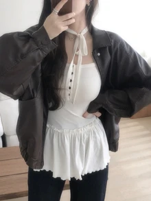 DAZY Atasan Cami Model Peplum dengan Kancing Setengah Polos dan Syal untuk Musim Gugur - Putih - View 8