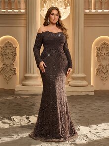 Glamrae Gaun Formal Berpayet dengan Detail Kerut dan Bahu Terbuka Ukuran Plus - Coffee Brown - View 7