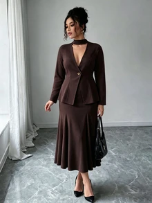 Elenzga Plus Choker Neck Single Button Top & Mermaid Hem Skirt Set - Brown - View 4