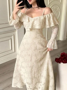 DAZY Jacquard Cold Shoulder Ruffle Trim Dress Fall - Beige - View 3