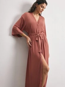 Ocili Lace Trim Belted Lounge Robe - Dusty Pink - View 7