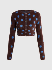 ROMWE Y2K Cardigan Rajut Pendek Berbulu dengan Motif Polkadot dan Kancing Depan - Coklat - View 1