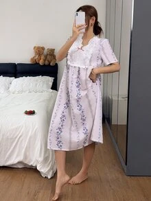 Napfluff 花卉印花對比蕾絲泡泡袖晚禮服 - 淡紫色 - 查看 3