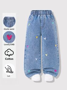 SHEIN 女童愛心與字母圖案彈性腰牛仔褲 - 淺色水洗藍 - 查看 1