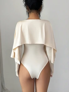 Elenzga 1pc Solid Ruched Waist Cape Bodysuit - Apricot - View 2
