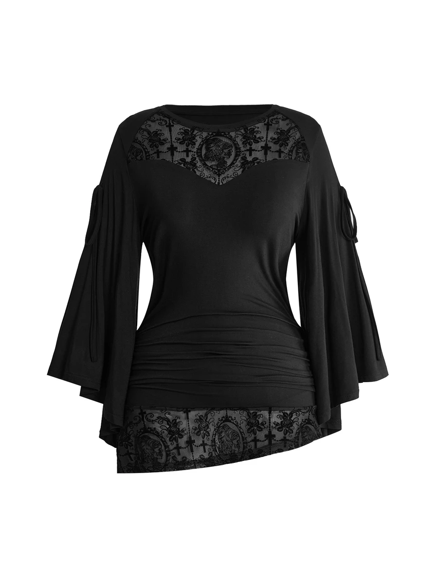ROMWE Goth Plus Contrast Lace Trumpet Sleeve Tee - Black - View 1