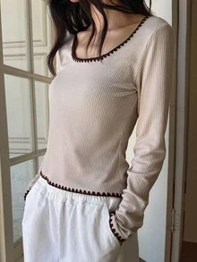 Livesso Contrast Trim Ribbed Knit Tee - Khaki - View 4