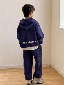SHEIN Tween Boys Autumn Hoodie & Kids Sweatshirt Co-Ords - Navy Blue - View 6