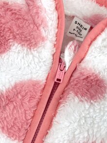 SHEIN Baby Girl Heart Pattern Contrast Binding Teddy Jacket & Pants - Pink - View 6